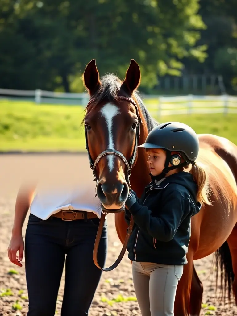 A skilled equestrian instructor providing personalized riding lessons to a student in the outdoor arena at La Calèche de Lison, focusing on technique and safety.