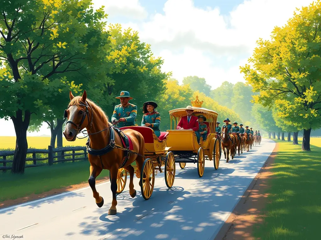 A group of people participating in a carriage driving rally, showcasing beautifully decorated carriages and horses.