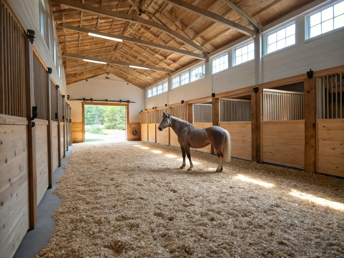 A well-maintained stable interior at La Calèche de Lison, showing horses in comfortable stalls with ample space and natural light.