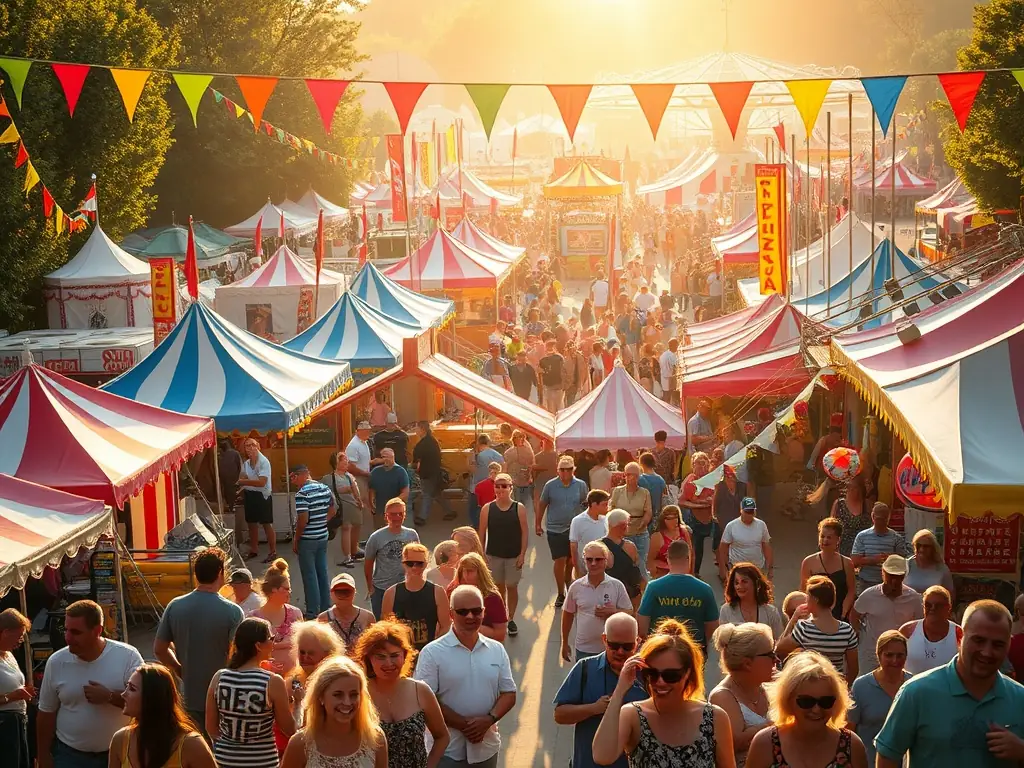 A vibrant outdoor scene depicting an equestrian festival with various stalls, horse demonstrations, and attendees enjoying the festivities.