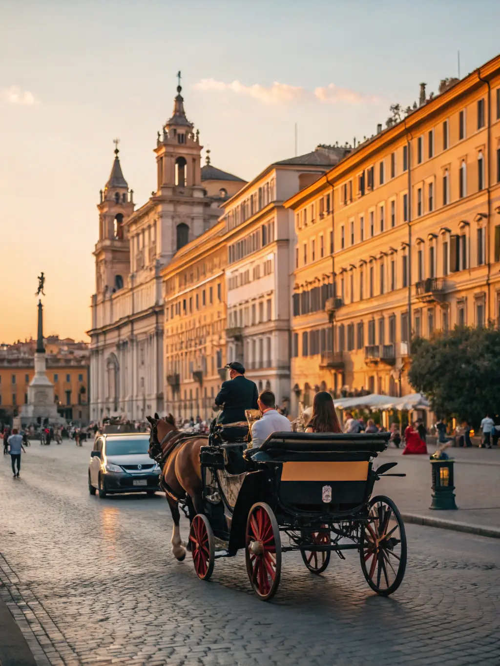 A beautifully restored vintage carriage being pulled by two elegant horses through the French countryside near Saint-Quentin, with passengers enjoying the scenic views.