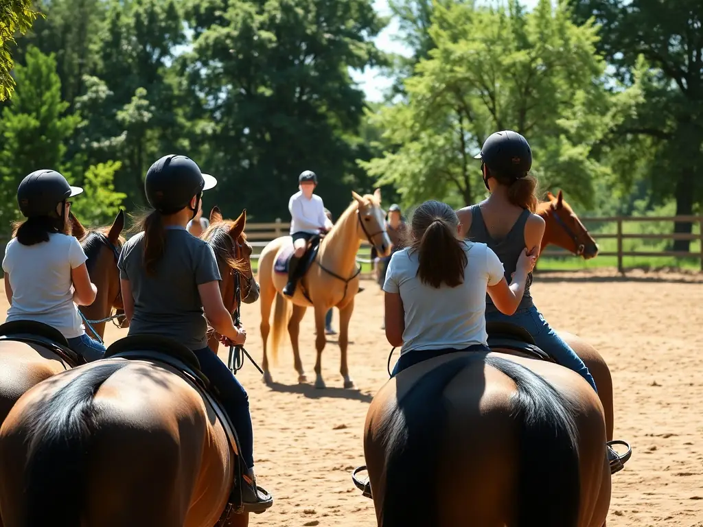 A photograph of a horse riding camp event, with children learning to ride horses under the supervision of instructors.