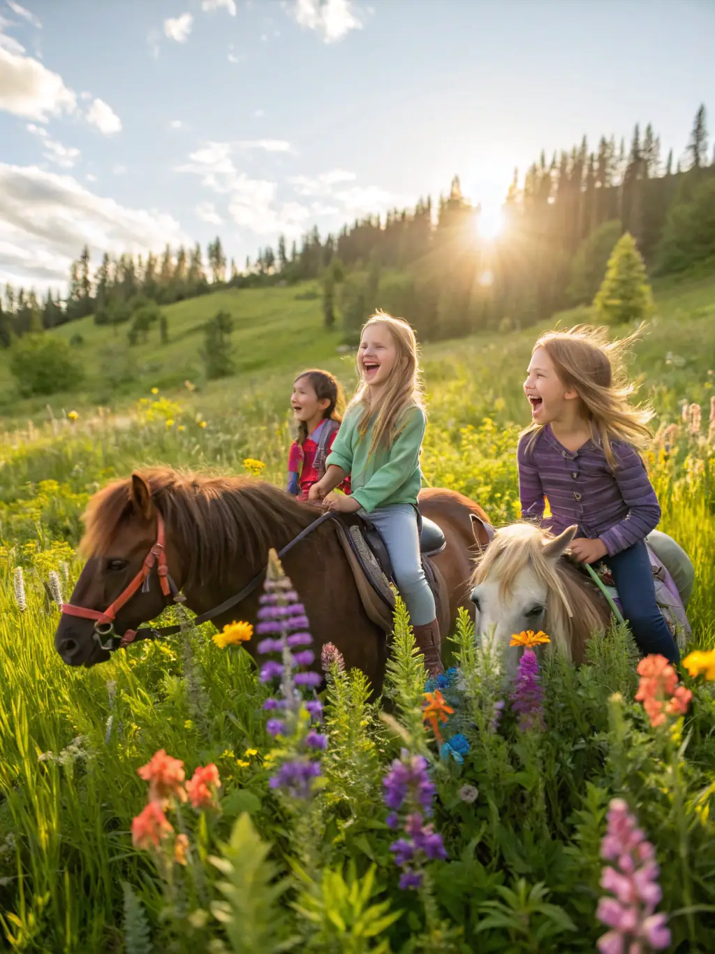 A group of children laughing and learning to groom a pony during a summer horse riding camp at La Calèche de Lison, with instructors supervising in the background.