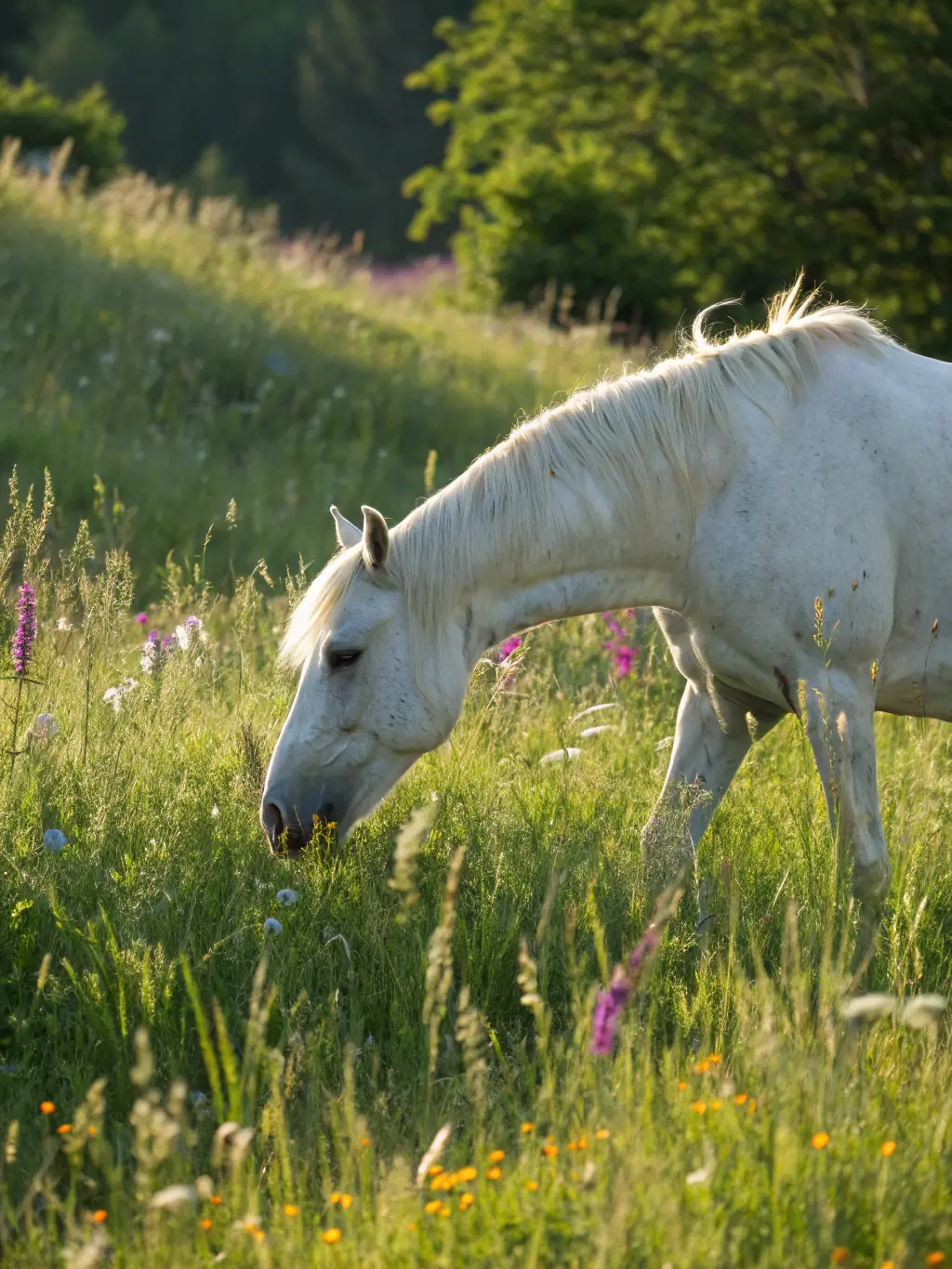 A horse happily grazing in a lush green pasture at La Calèche de Lison's boarding facility, showcasing the spacious and comfortable environment provided.